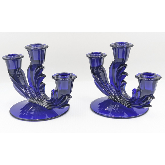 Fostoria Glass Baroque Regal Blue Cobalt 3 Light Candlestick Set of 2 Rare #2496 - Picture 5 of 12